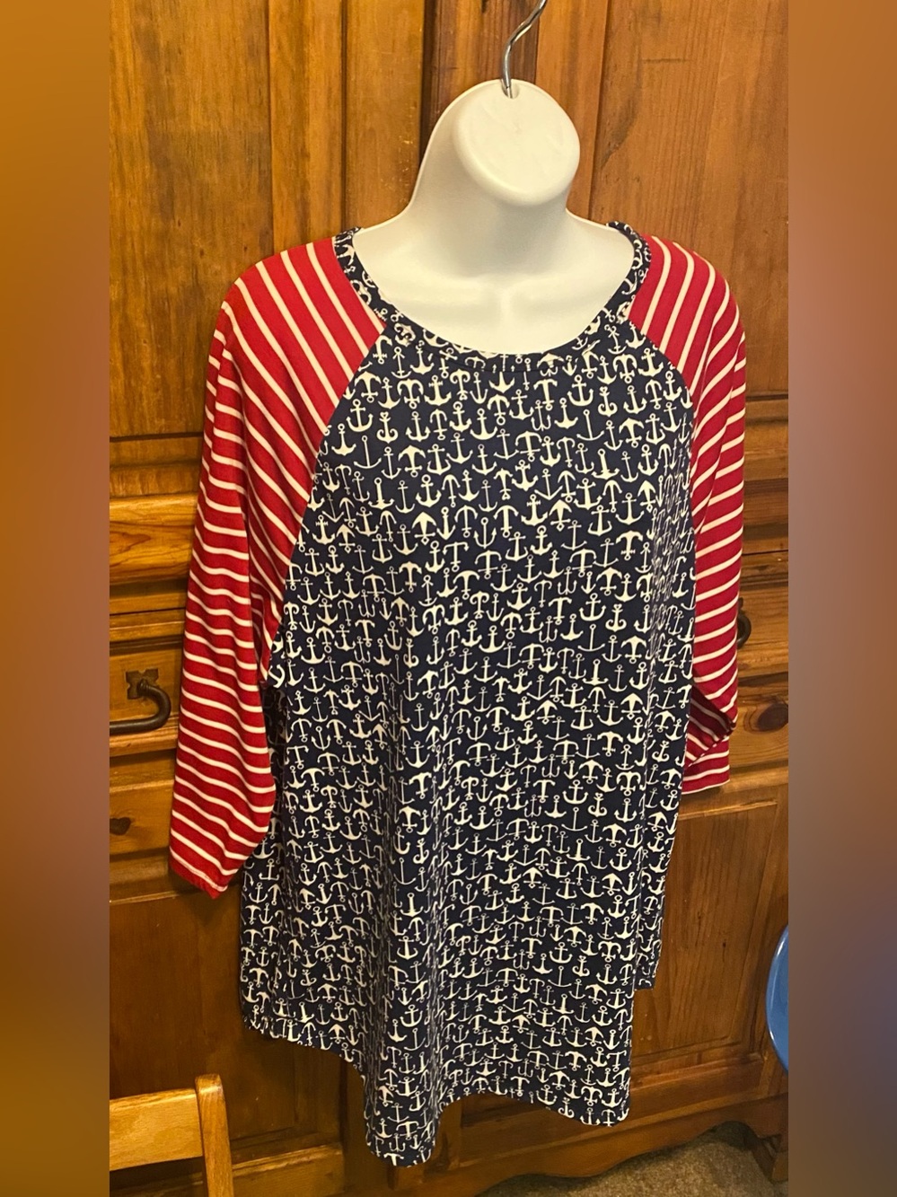 LuLaRoe Randy 2X Nautical Americana 4th of July Anchor & Stripes Raglan Tee